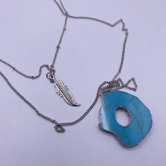 ZAD Layered Necklace Silver Chain Turquoise Stone Slice Feather Charm Boho New - Picture 2 of 4